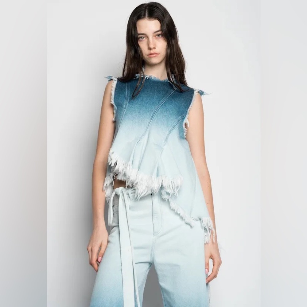 Marques Almeida OMBRÉ DENIM BLUE SLEEVELESS TOP WITH ASYMMETRIC HEM